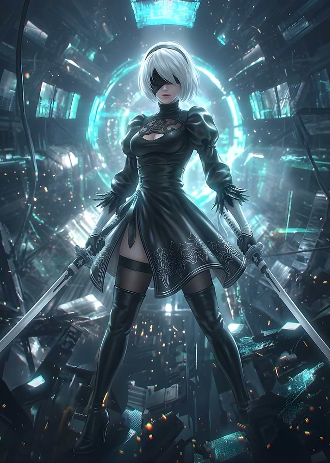 Nier Automata 2B with Swords in Sci-Fi Setting