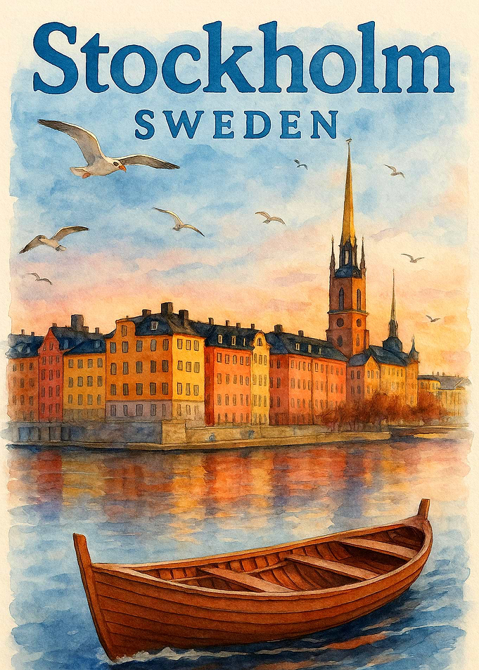 Stockholm Sweden Vintage Travel Poster | Watercolor Scandinavian Waterfront Wall Art