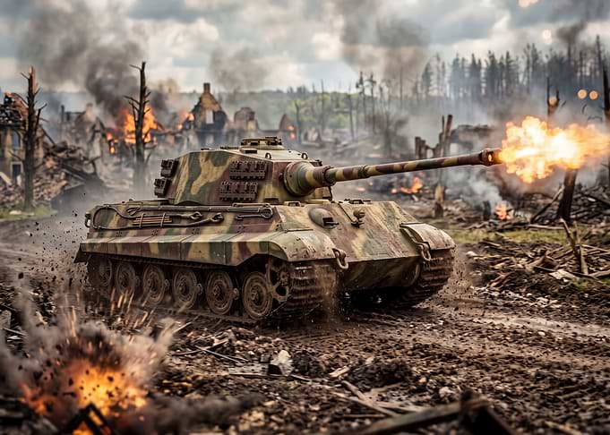 Tank firing in a war-torn village