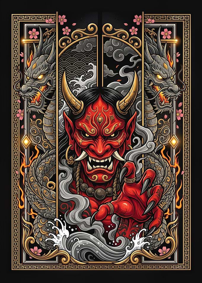 Japanese Oni Demon with Twin Dragons