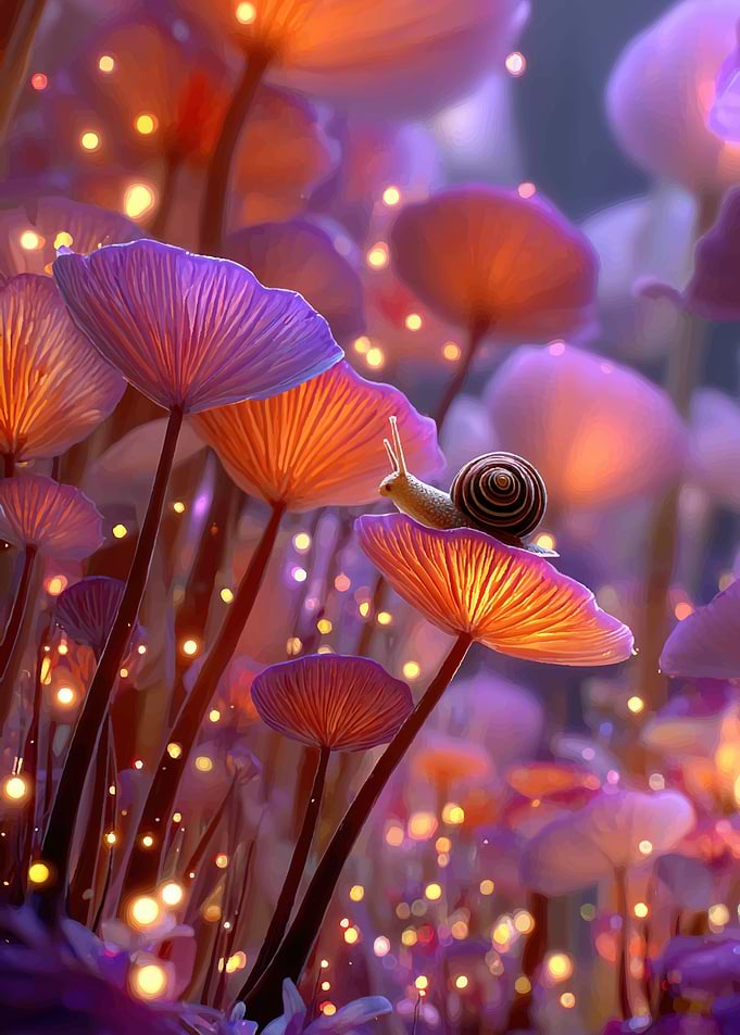 Magical Snail on Glowing Mushrooms