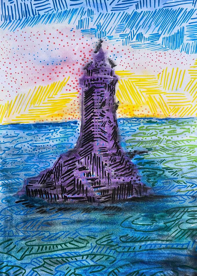 Purple Lighthouse in Textured Sea