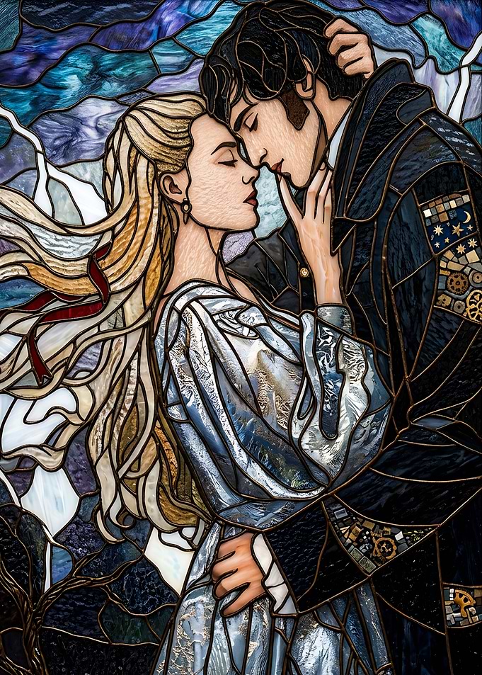 Couple in Stained Glass Embrace