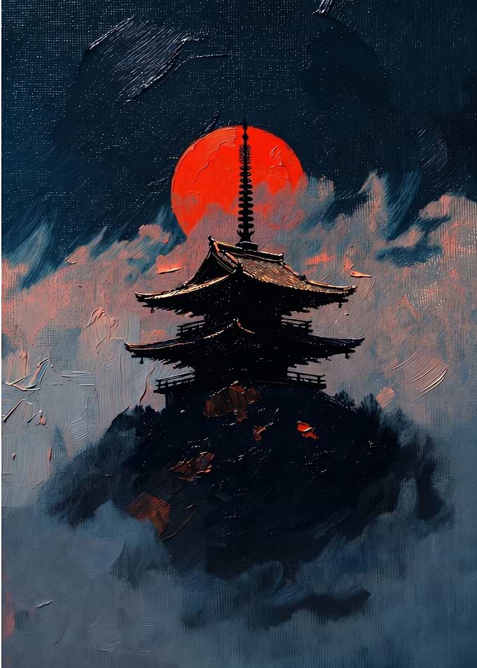 Japanese Pagoda Under Blood Moon