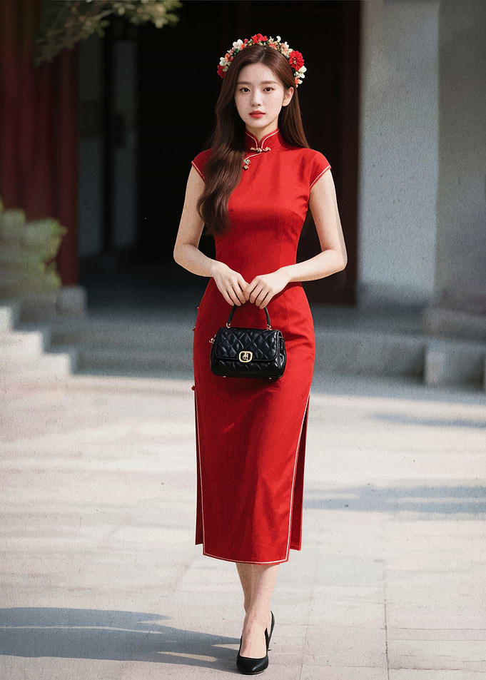 Woman in Red Cheongsam with Flower Crown