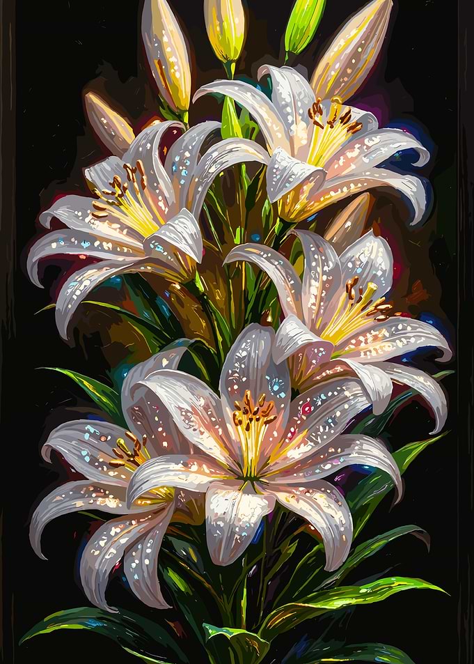 White Lilies with Glittering Dewdrops