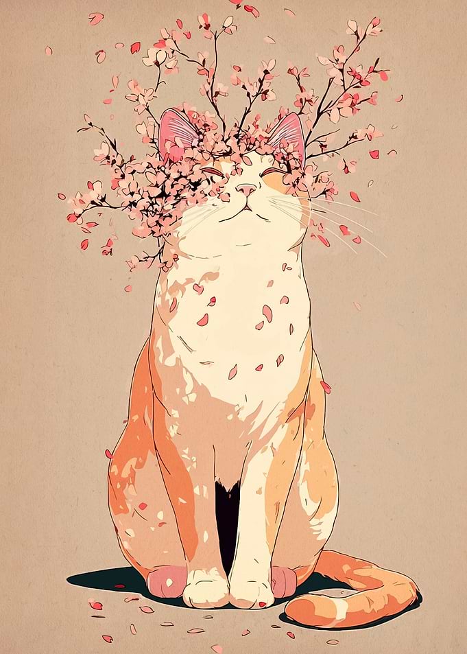 Cat with Cherry Blossoms