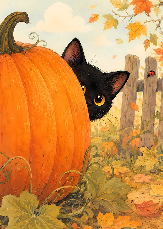 Black cat peeking from behind a pumpkin