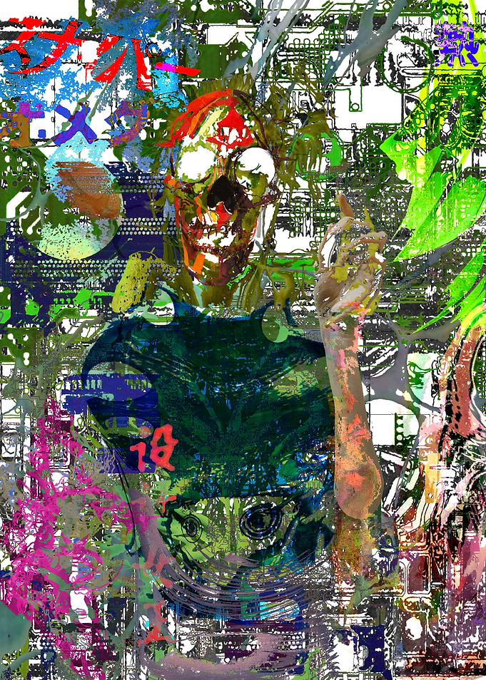 Abstract Skull with Circuitry and Japanese Text