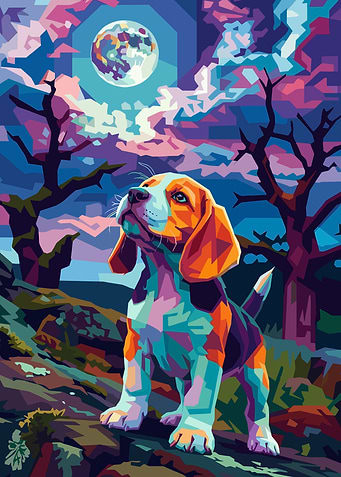 Beagle Puppy Under a Full Moon