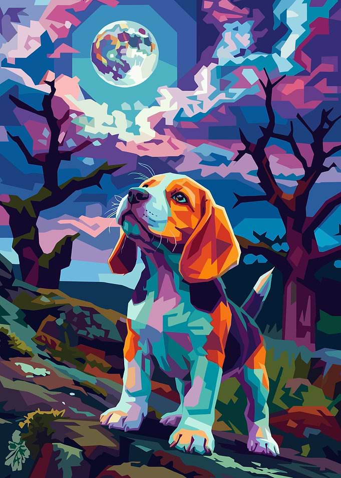 Beagle Puppy Under a Full Moon