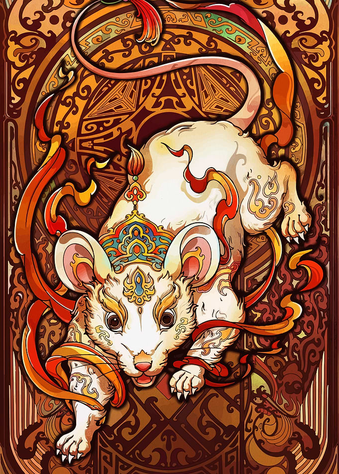 Ornate Rat with Fiery Ribbons