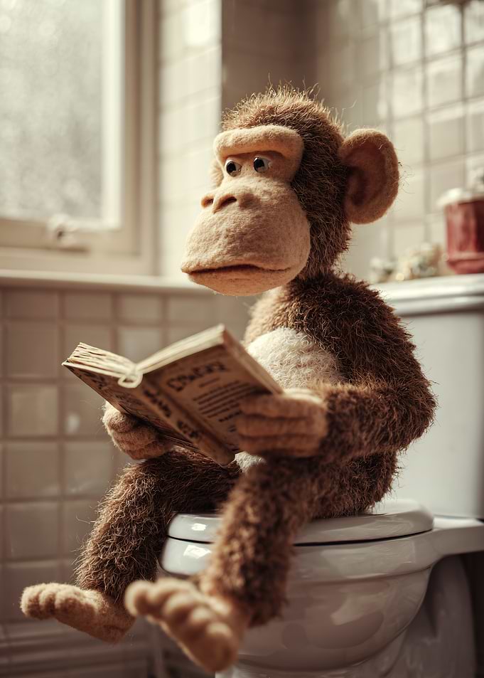 Monkey reading a book on a toilet