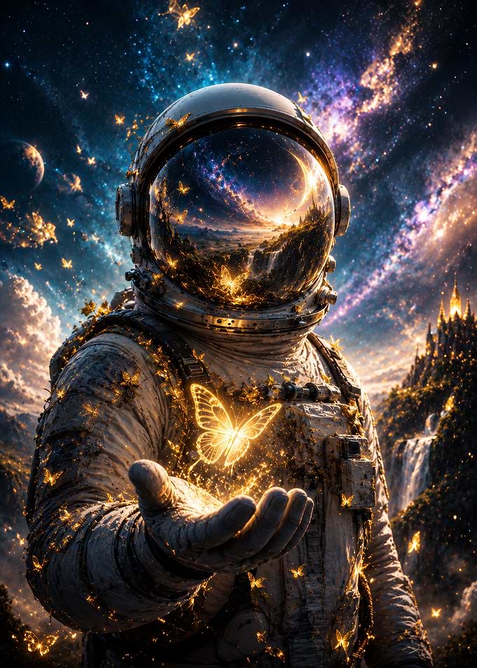 Astronaut with glowing butterflies in space