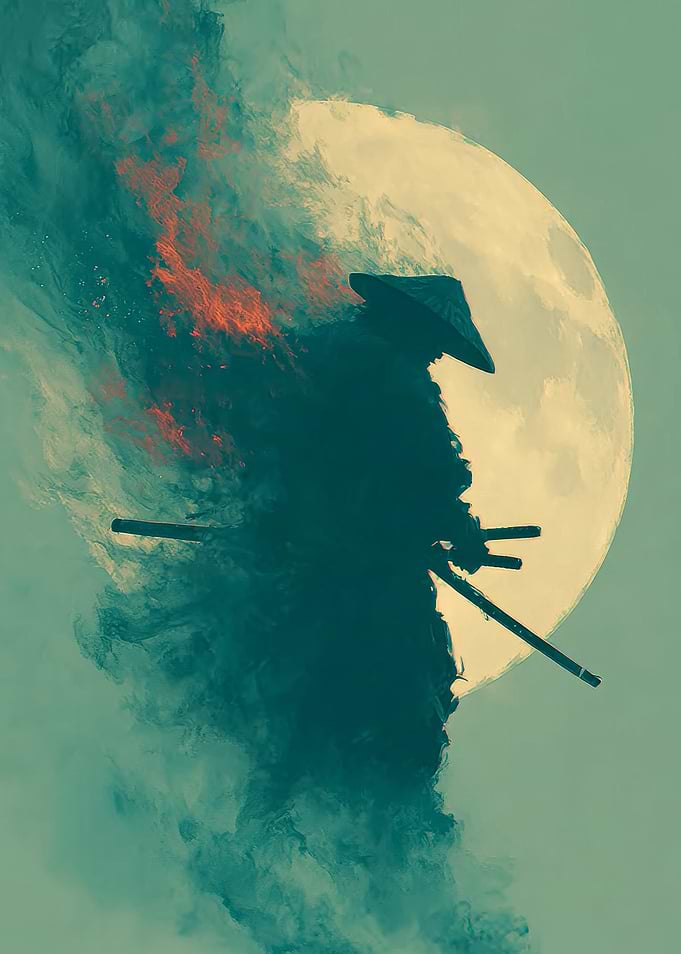 Samurai Silhouette Against Moon