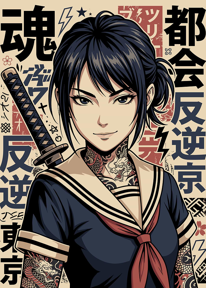 Anime Girl with Katana and Tattoos