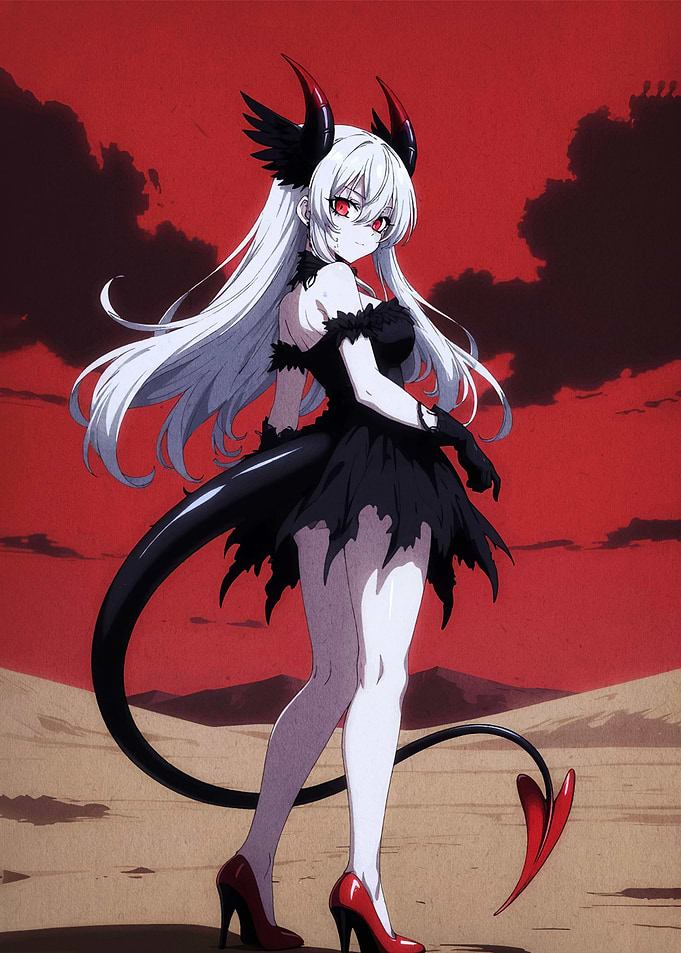 Anime Demon Girl in Black Dress
