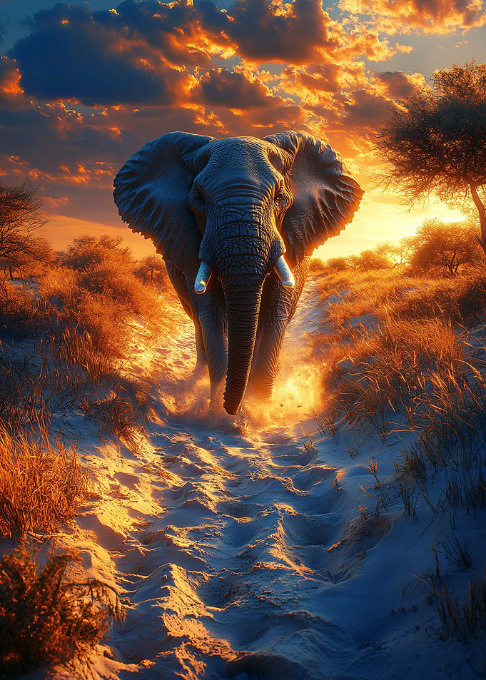 Elephant walking on a sandy path at sunset