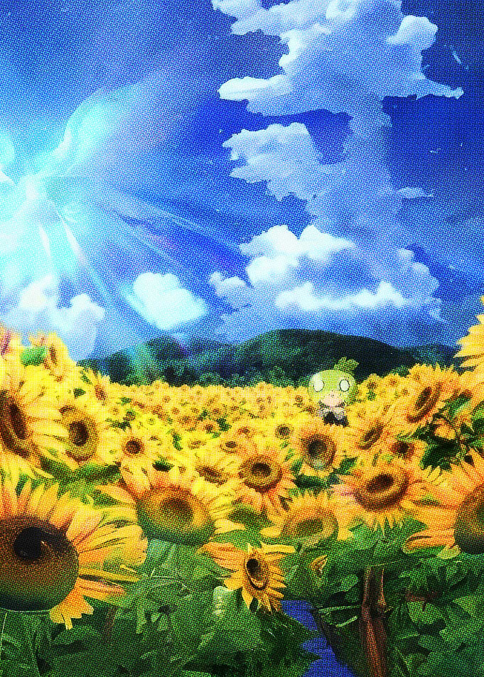 Cute character in a stone sunflower field