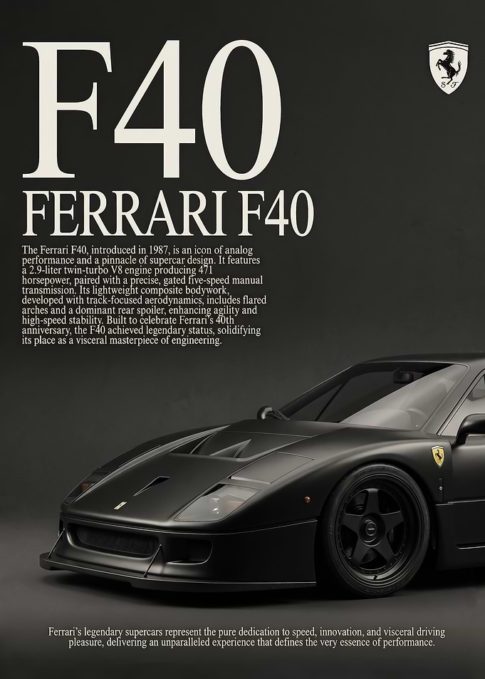 A striking close up Ferrari F40 Matte Black poster