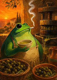 Frog making olive oil at sunset