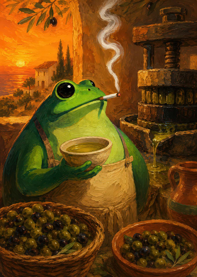 Frog making olive oil at sunset