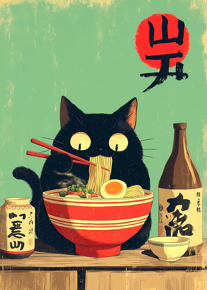 Black Cat Eating Ramen