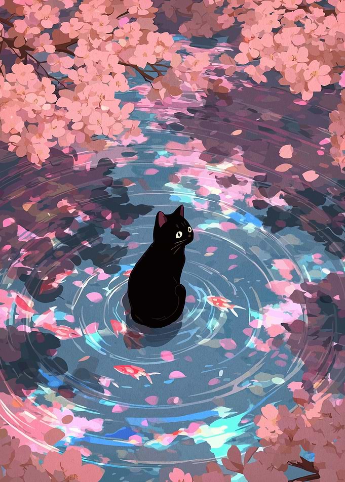Black Cat by Cherry Blossom Pond