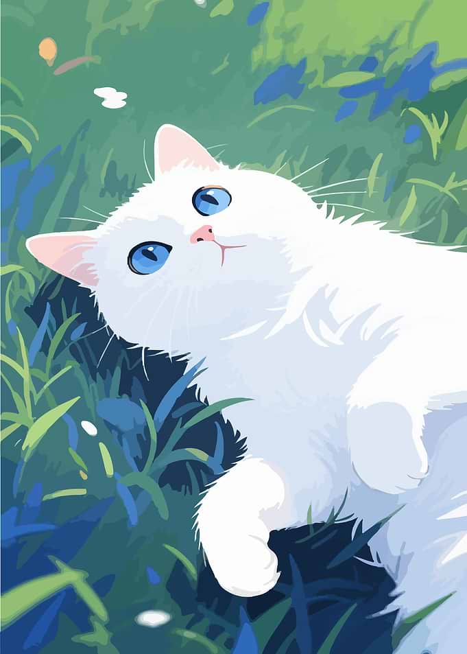 White Cat in Green Grass