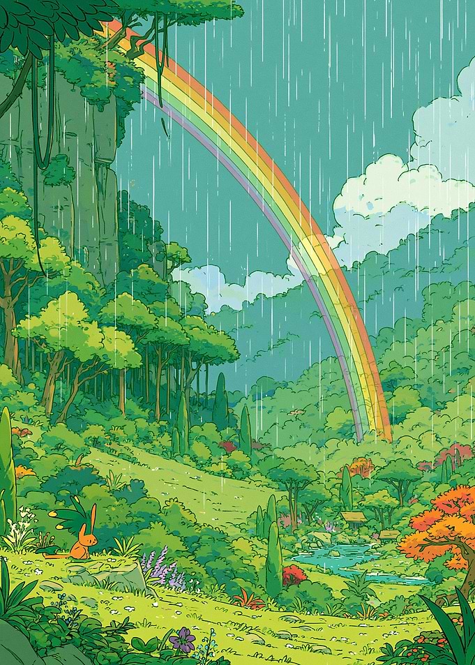 Enchanted Forest with Rainbow and Rain