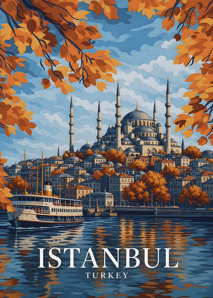 Istanbul Cityscape with Autumn Leaves