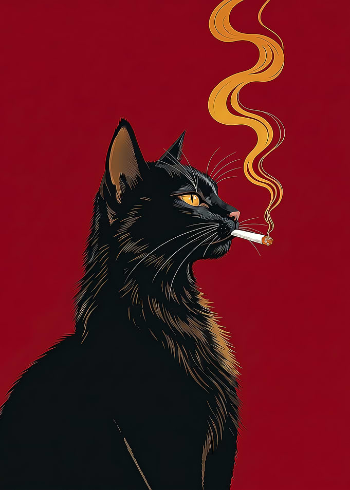 Smoking Black Cat Vintage Art - Retro Red and Gold Pop Art