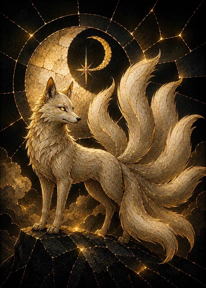Fox Kitsune Under Crescent Moon