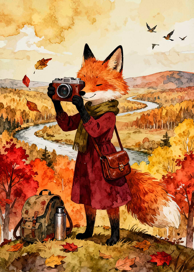 Fox taking photos in autumn landscape