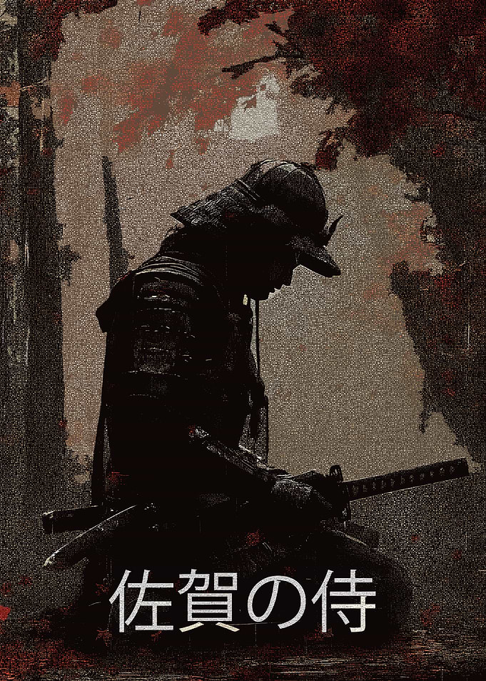 Samurai in Forest with Japanese Text