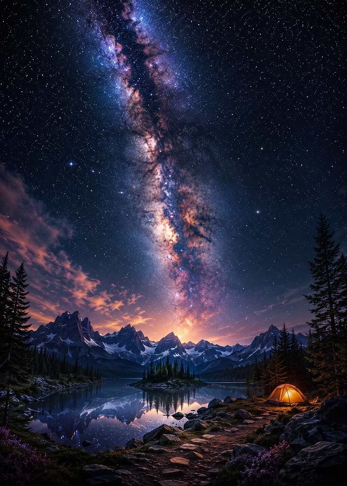 Milky Way over a Mountain Lake Campsite