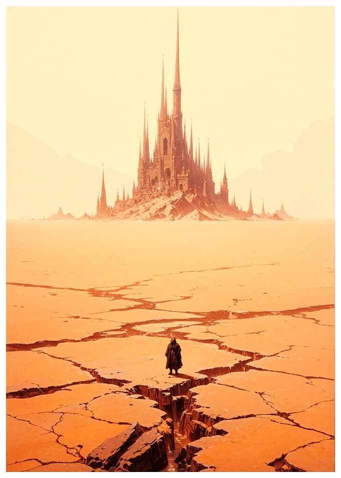Lone figure before a fantasy castle