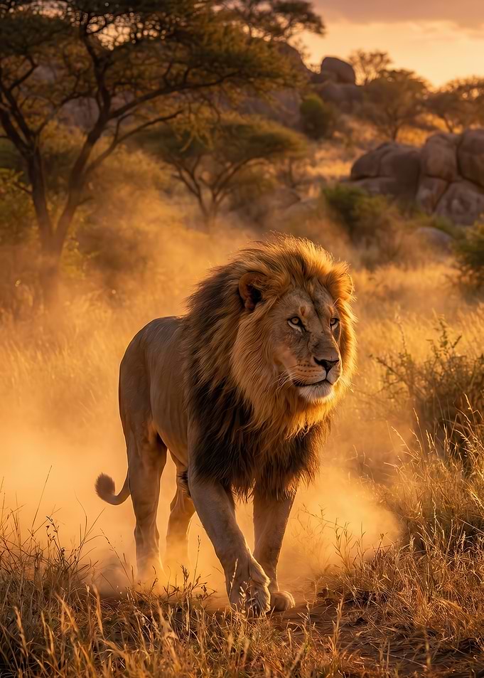 Majestic Lion in Golden Hour Dust