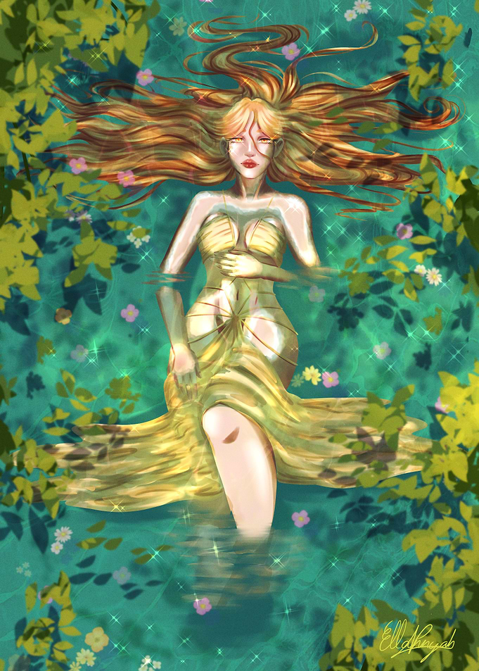 Woman in Yellow Dress in Water