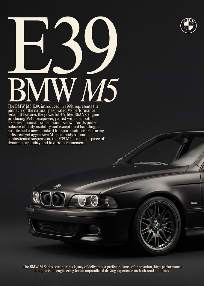 close up sleek BMW M5 E39 Black car poster