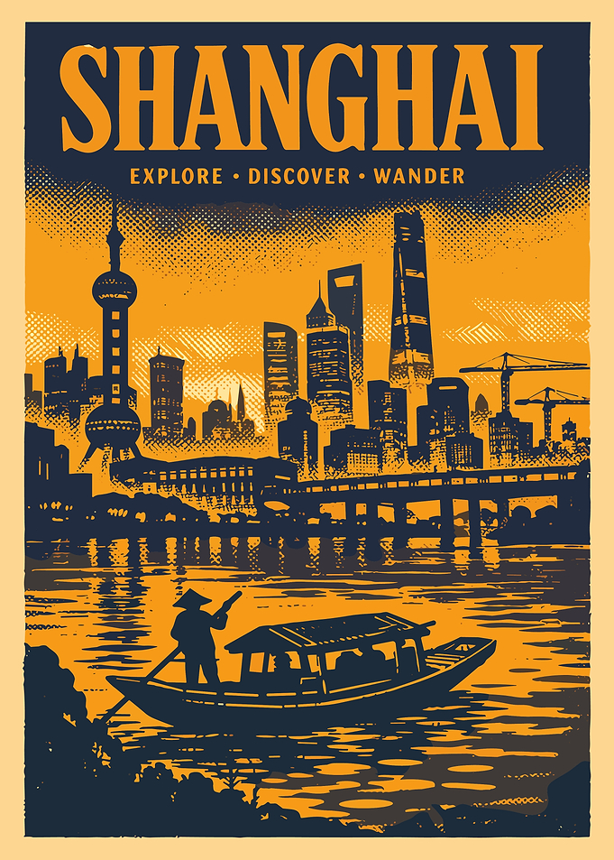 Vintage Shanghai Travel Poster Oriental Pearl Tower Retro Cityscape Wall Art