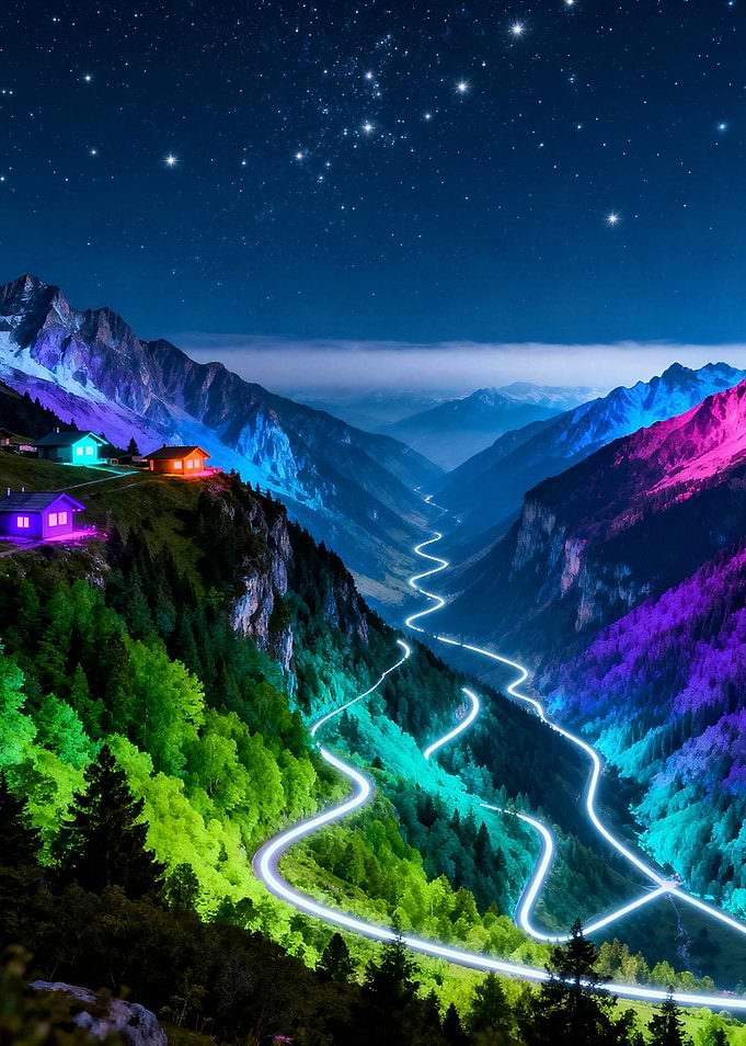 Colorful Mountain Valley at Night