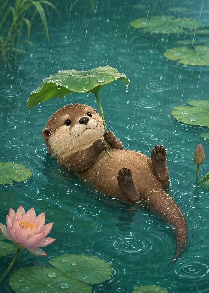 Cute Otter Under a Leaf Umbrella in Rain