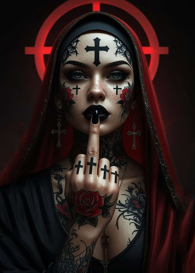 Gothic Nun with Tattoos and Crosses