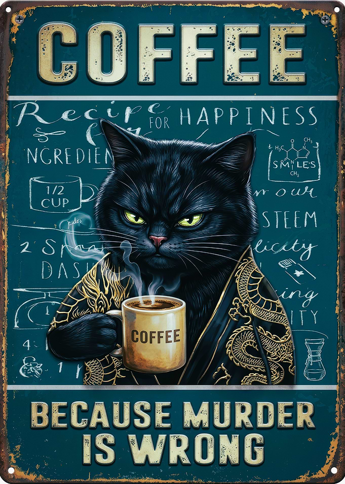 Black Cat Coffee Lover Metal Sign