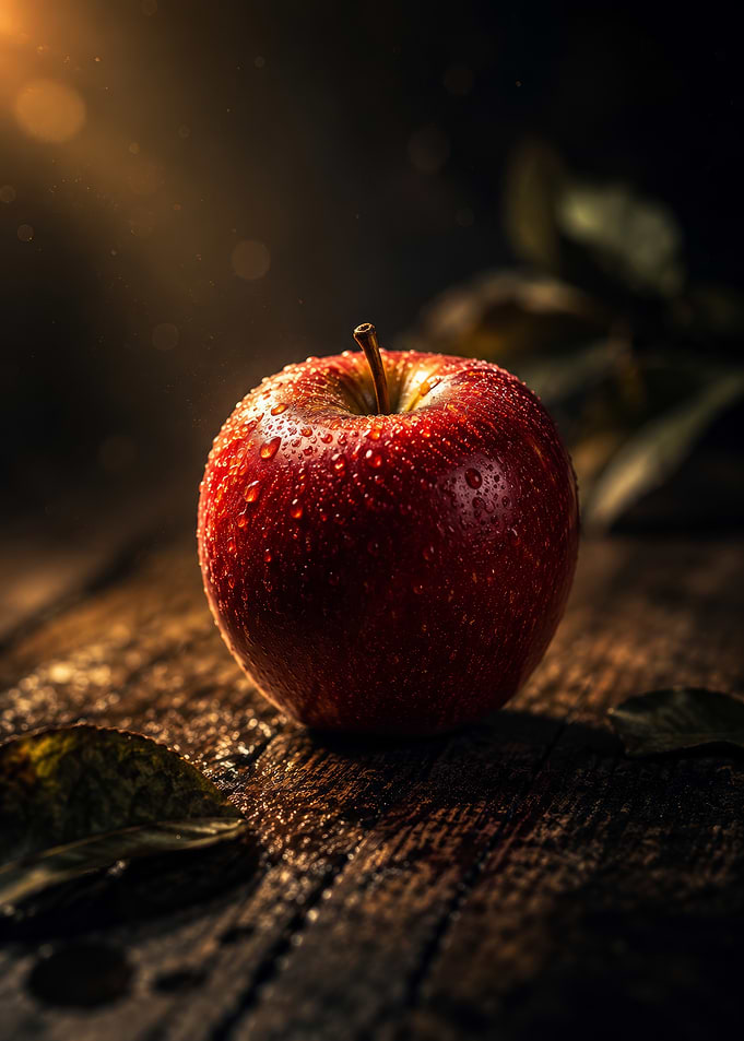 Dewy Red Apple on Wooden Surface