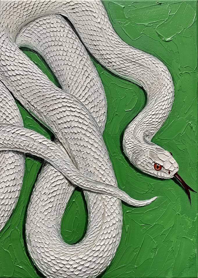 White Snake on Green Textured Background