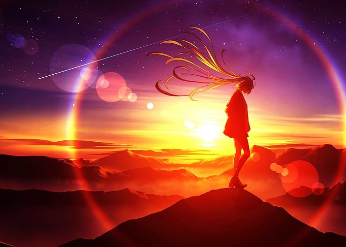 Anime Girl on Mountain at Sunset