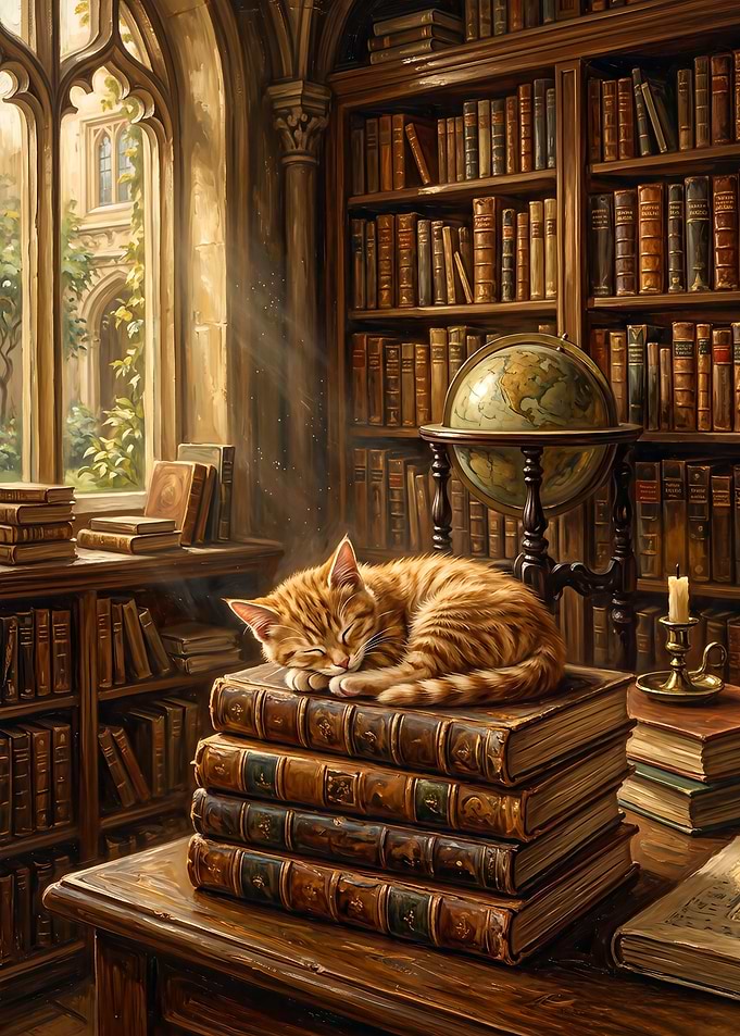 Sleeping Ginger Cat on Antique Books in Old Library