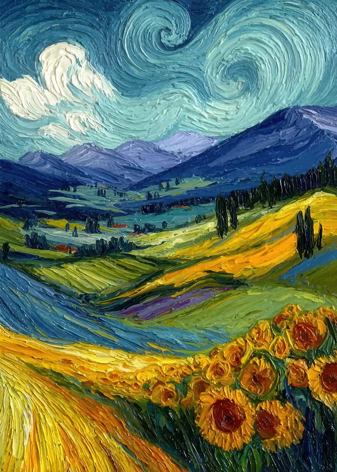Van Gogh Style Landscape with Sunflowers